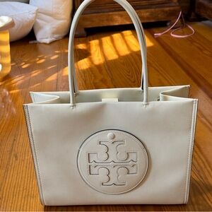 Tory Burch Cream Leather Logo Tote